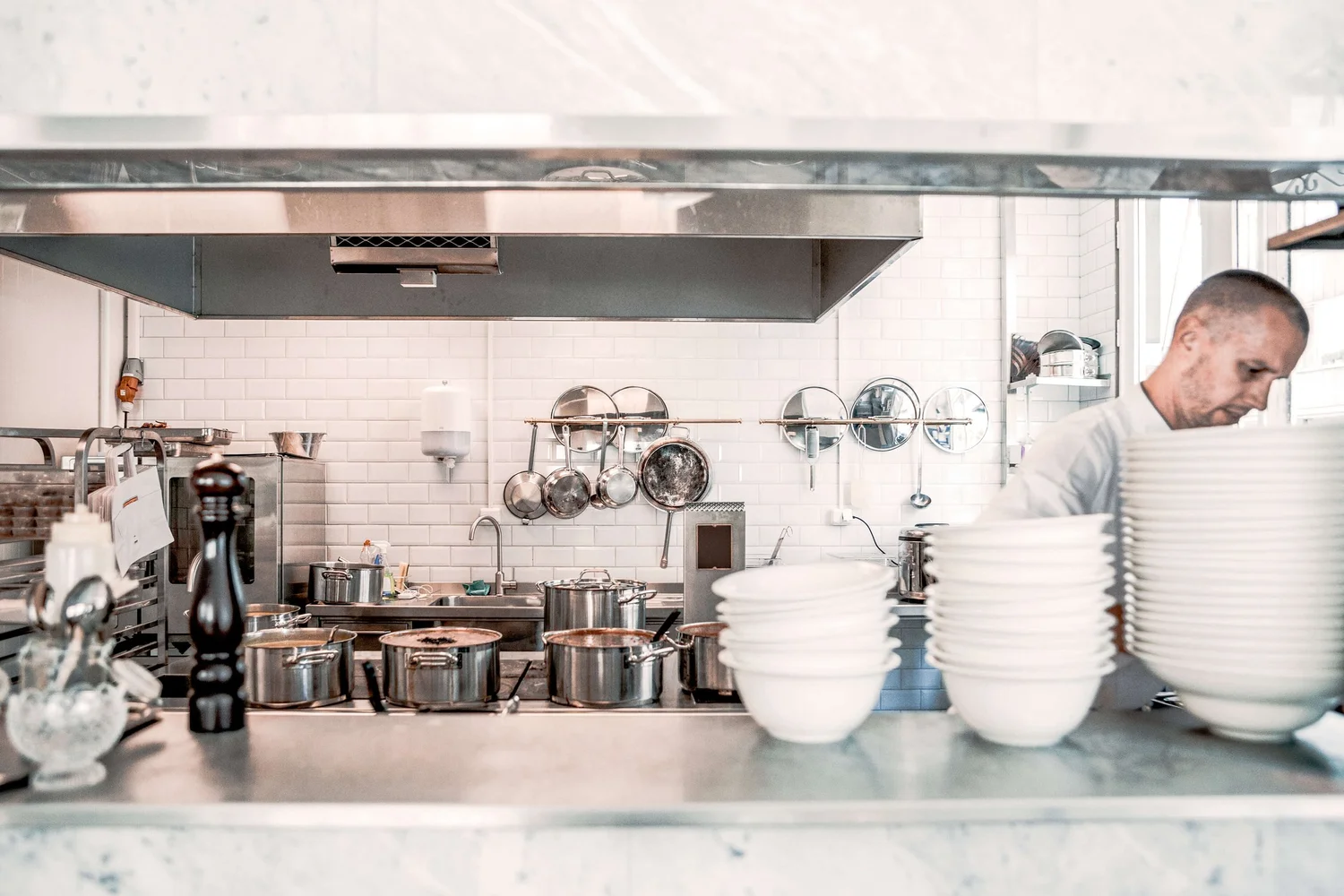 Restaurant kitchen with stainless-steel equipment